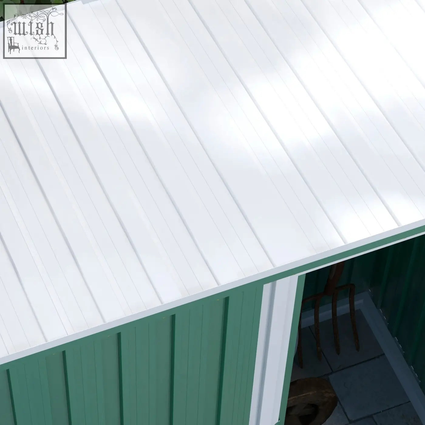 Outsunny green garden storage shed with white corrugated metal roof sliding door and galvanised steel frame