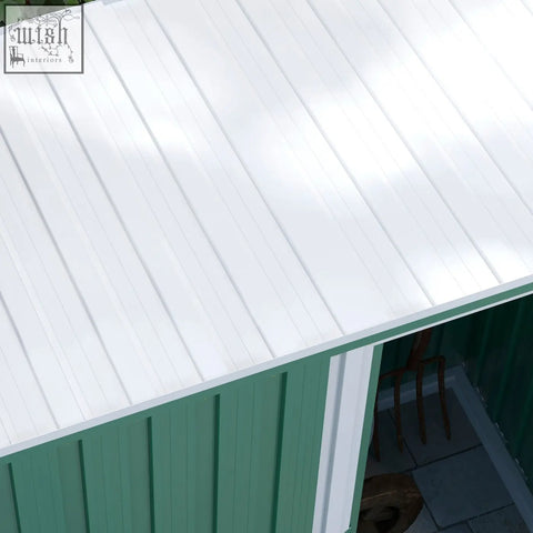 Outsunny green garden storage shed with white corrugated metal roof sliding door and galvanised steel frame
