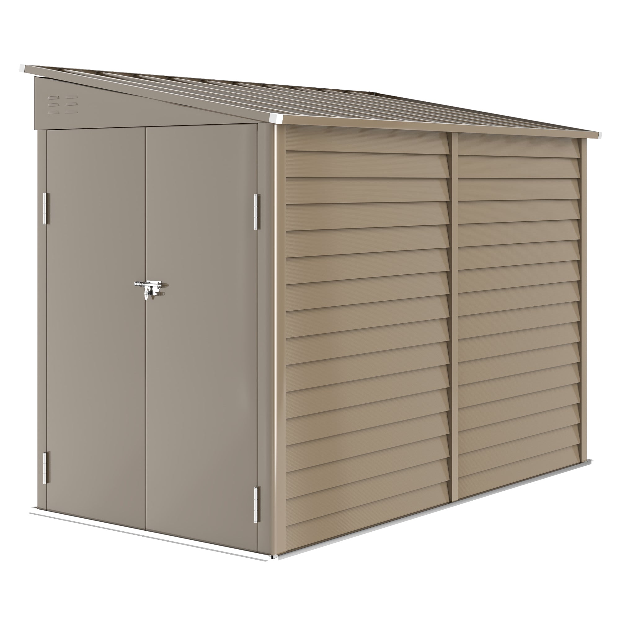Beige metal garden shed with slatted siding and gabled roof from outsunny with foundation kit for tool storage