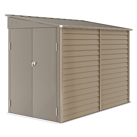 Beige metal garden shed with slatted siding and gabled roof from outsunny with foundation kit for tool storage