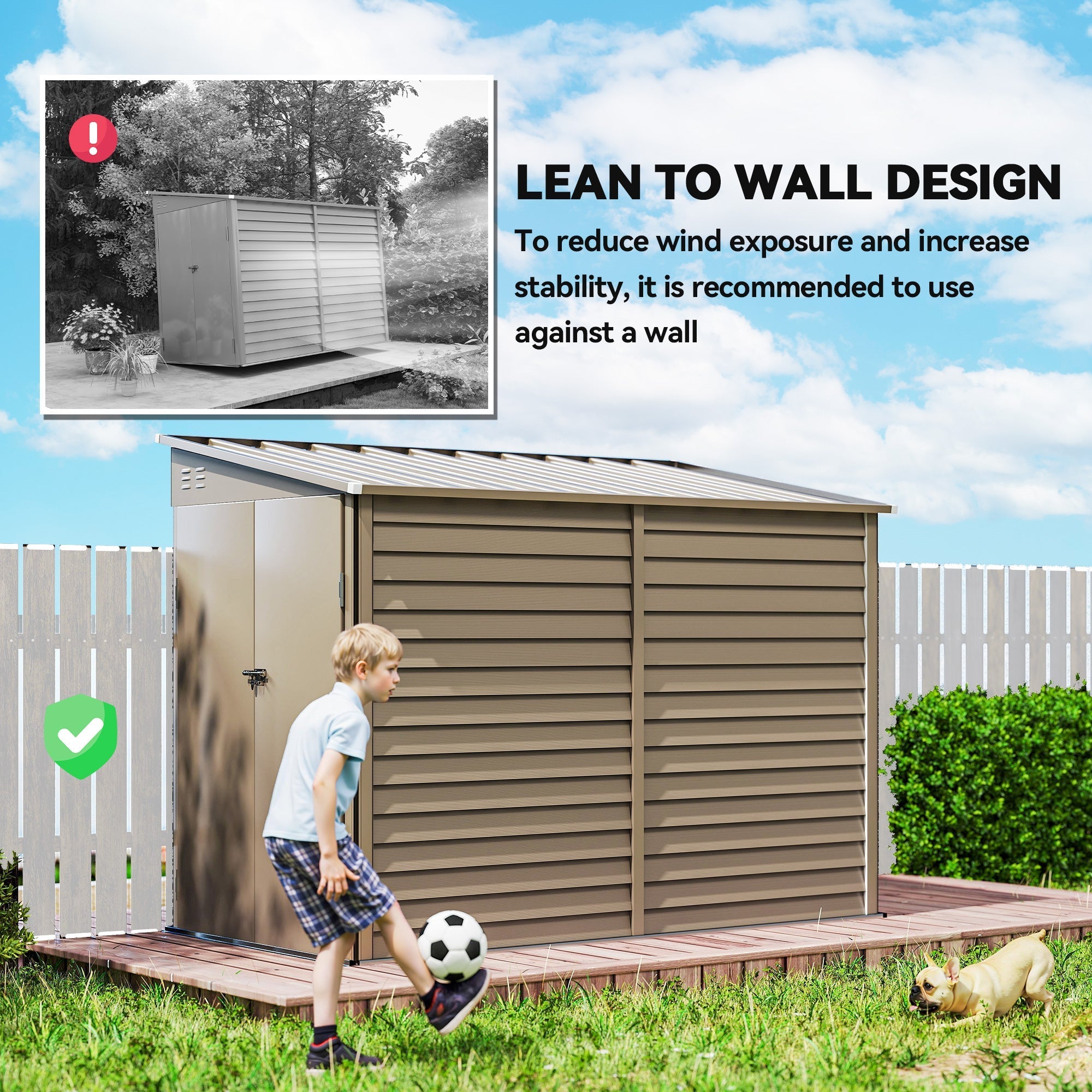 Brown brown metal lean-to garden shed with slatted siding and foundation kit for outdoor tool storage