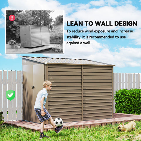 Brown brown metal lean-to garden shed with slatted siding and foundation kit for outdoor tool storage