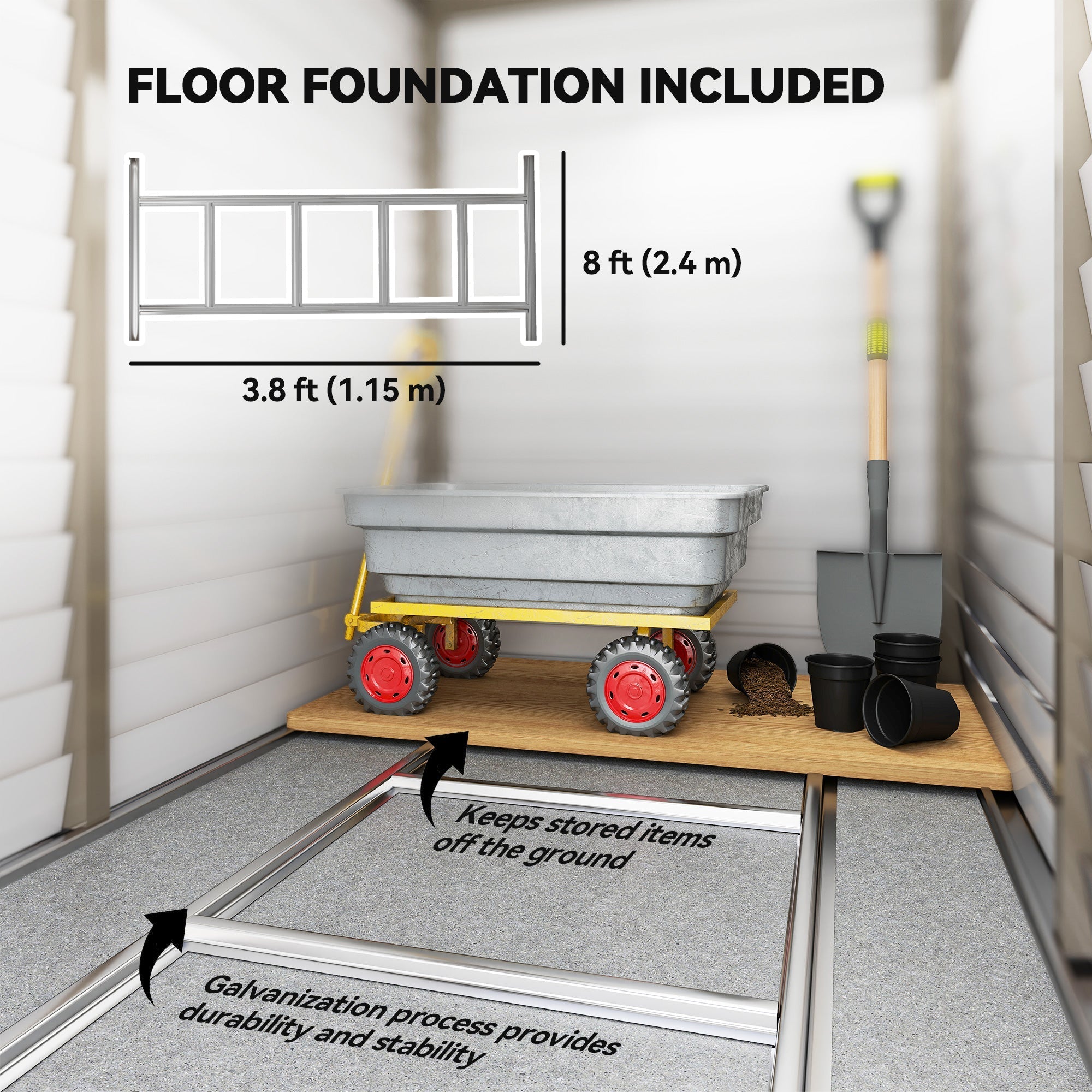 Yellow wheeled garden cart with red wheels and gray plastic bed next to outsunny brown metal garden shed with foundation kit