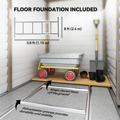 Yellow wheeled garden cart with red wheels and gray plastic bed next to outsunny brown metal garden shed with foundation kit