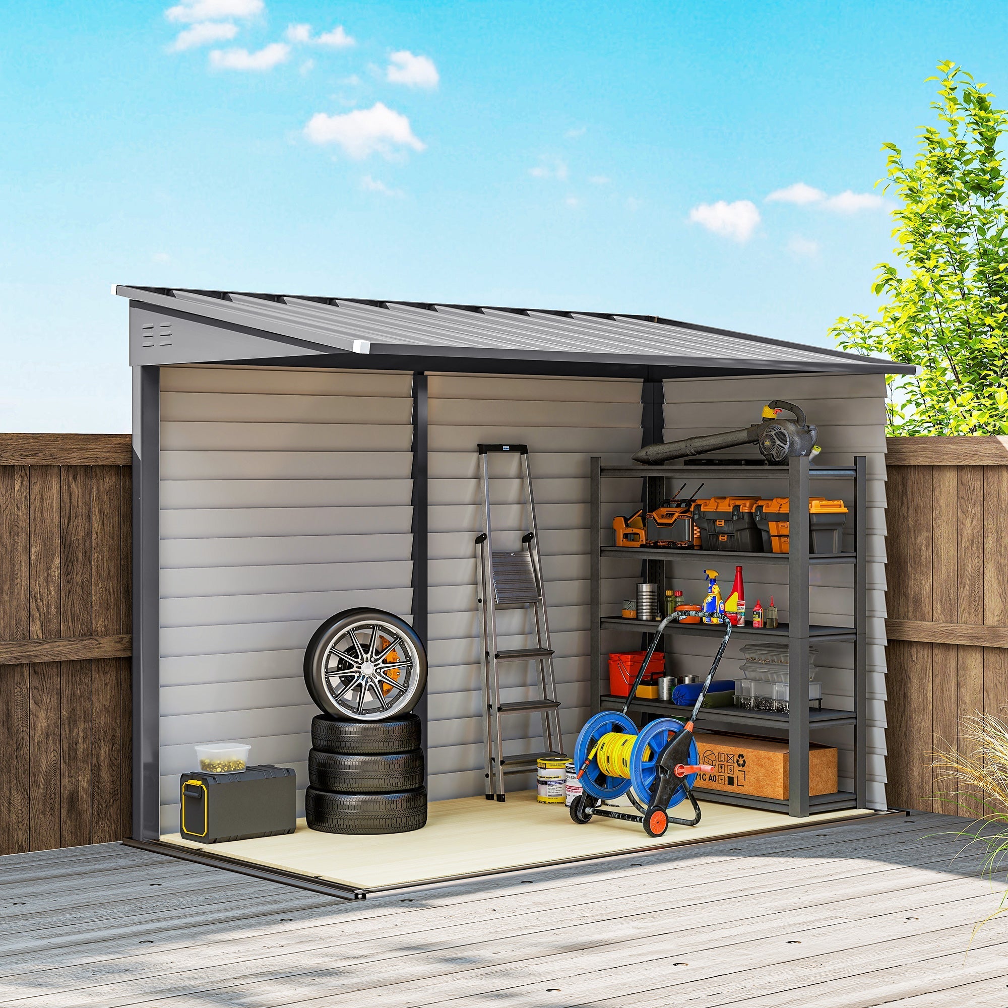 Gray outsunny 5 x 9ft metal garden shed with slanted roof shelving lockable doors and foundation kit for tool storage