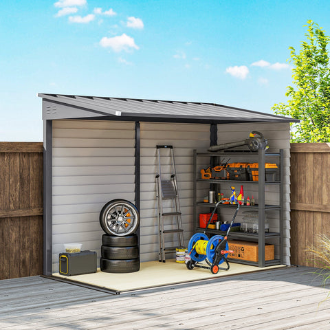Gray outsunny 5 x 9ft metal garden shed with slanted roof shelving lockable doors and foundation kit for tool storage