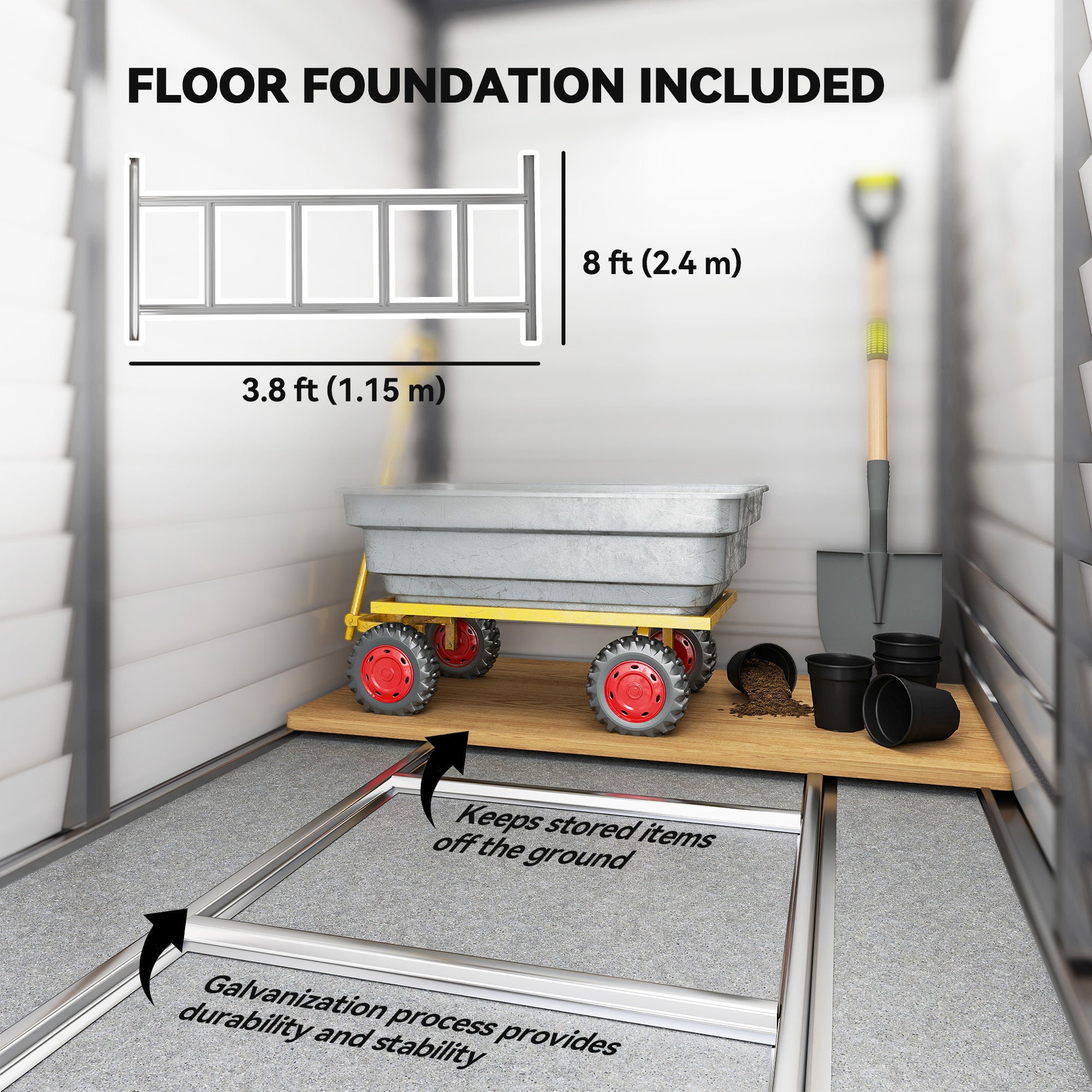 Yellow wheeled cart on wooden platform inside grey galvanised metal garden shed with foundation kit for tool storage