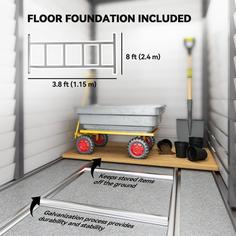 Yellow wheeled cart on wooden platform inside grey galvanised metal garden shed with foundation kit for tool storage
