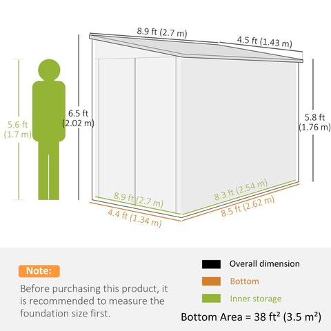 Outsunny 5 x 9ft white metal garden shed with foundation kit, orange panel, green storage, lockable doors, and vents