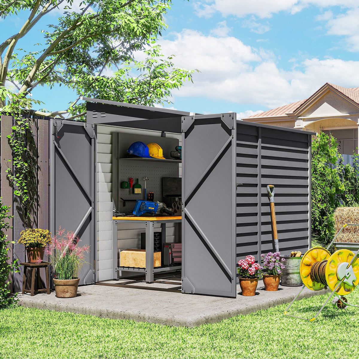 Gray metal garden shed with slatted siding and diagonal brace panels featuring a foundation kit for tool storage