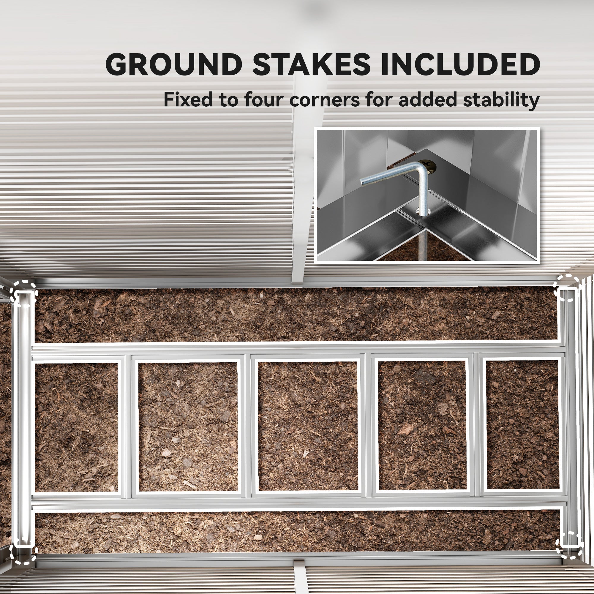 Silver aluminum greenhouse frame with ground stakes for stability on the outsunny metal garden shed foundation kit