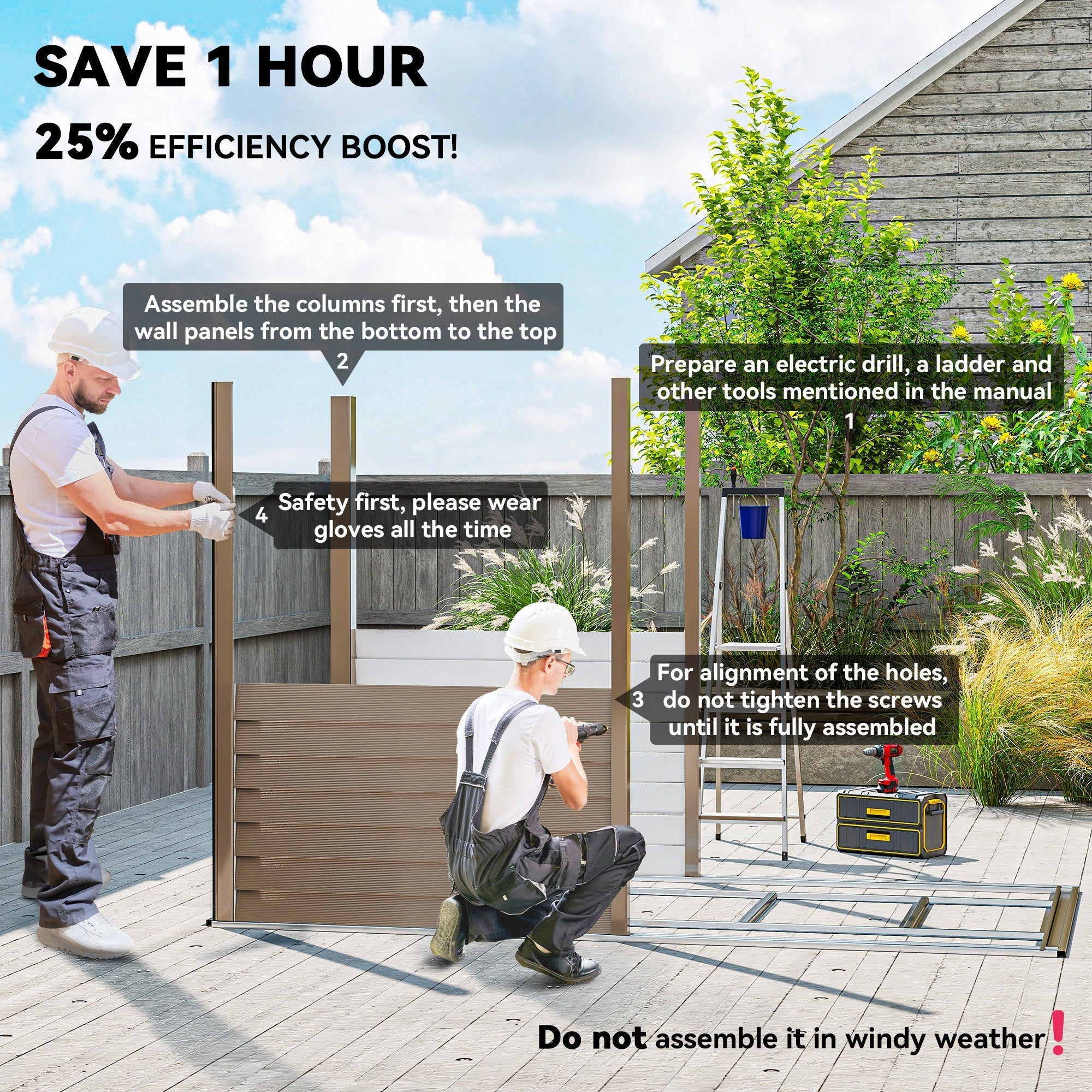 Brown wooden fence panel with vertical slats and horizontal beams as part of outsunny metal garden shed foundation kit
