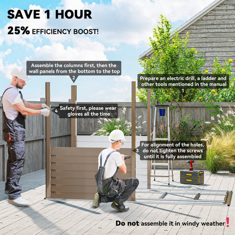 Brown wooden fence panel with vertical slats and horizontal beams as part of outsunny metal garden shed foundation kit