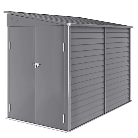 Gray outsunny metal garden shed with slanted roof and foundation kit perfect for outdoor tool storage