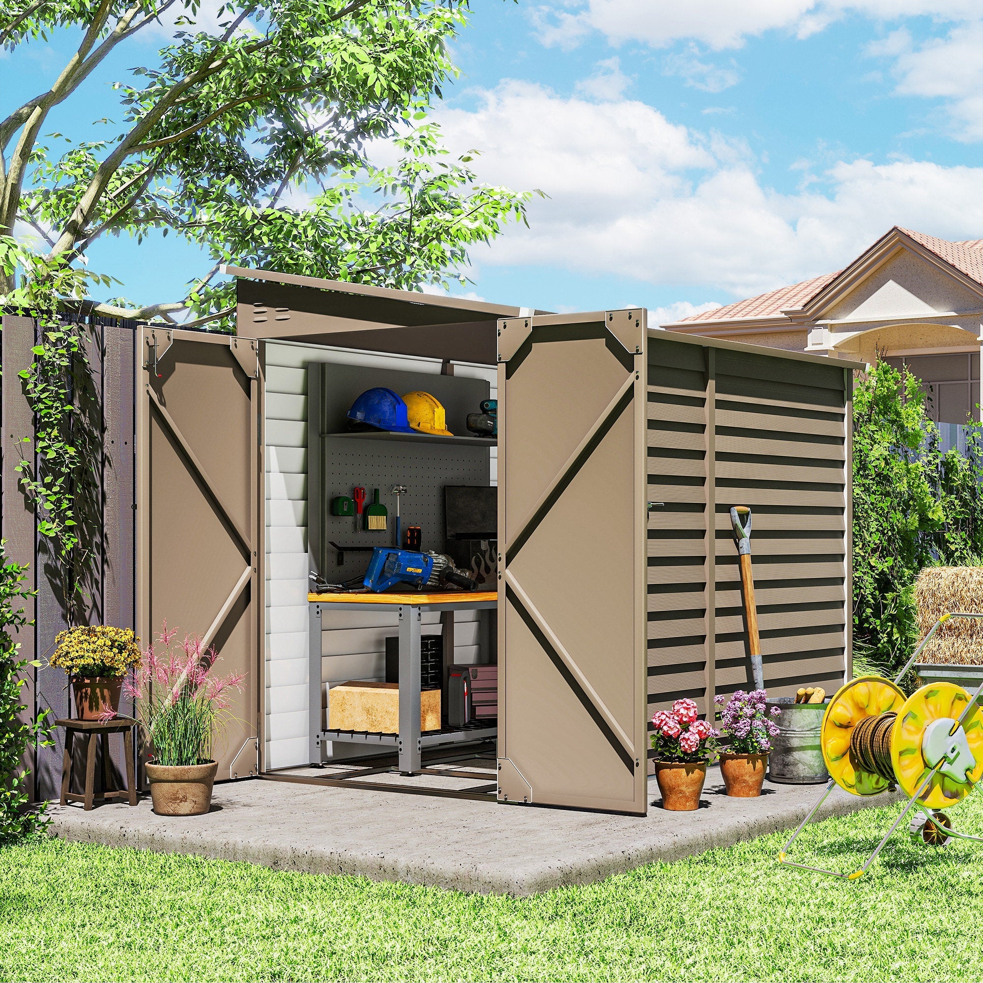 Brown outsunny metal garden shed with slatted siding and foundation kit for secure outdoor tool storage