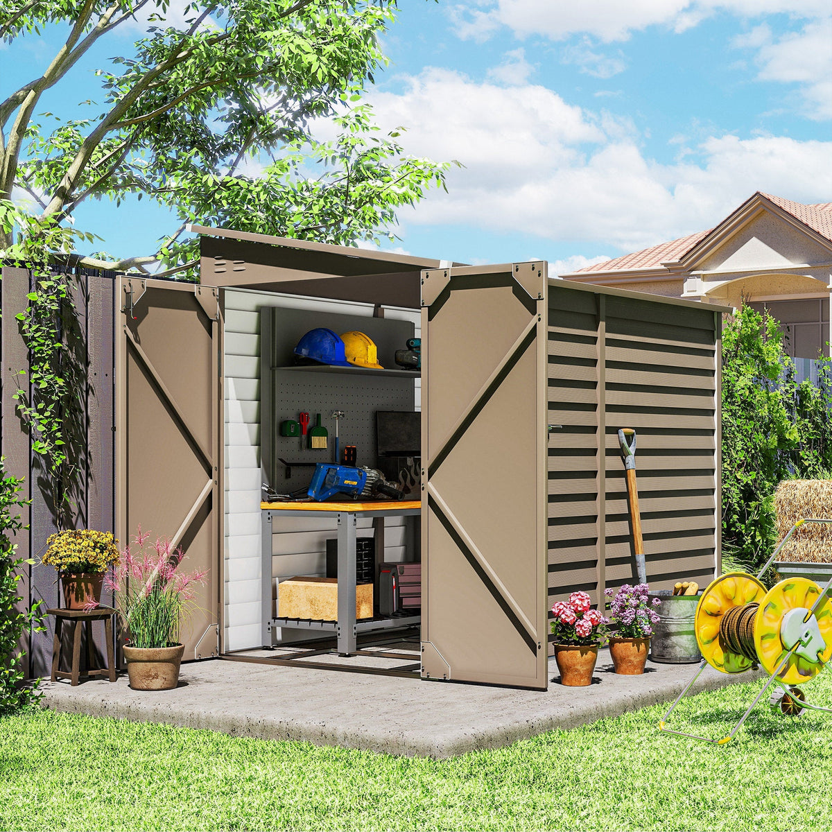 Brown outsunny metal garden shed with slatted siding and foundation kit for secure outdoor tool storage
