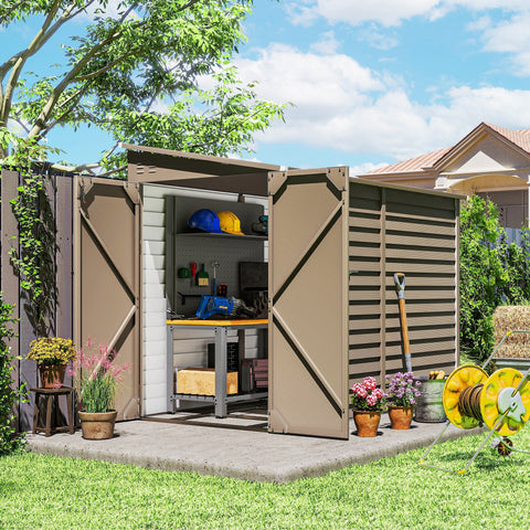 Brown outsunny metal garden shed with slatted siding and foundation kit for secure outdoor tool storage