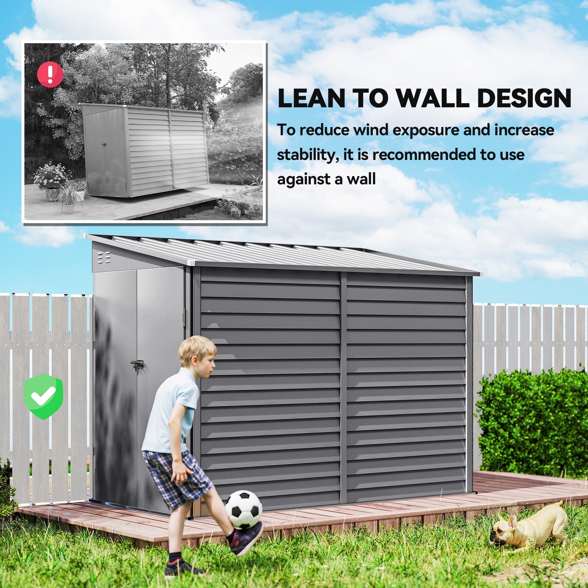 Gray metal garden shed with slatted siding and gabled roof featuring foundation kit for secure outdoor tool storage