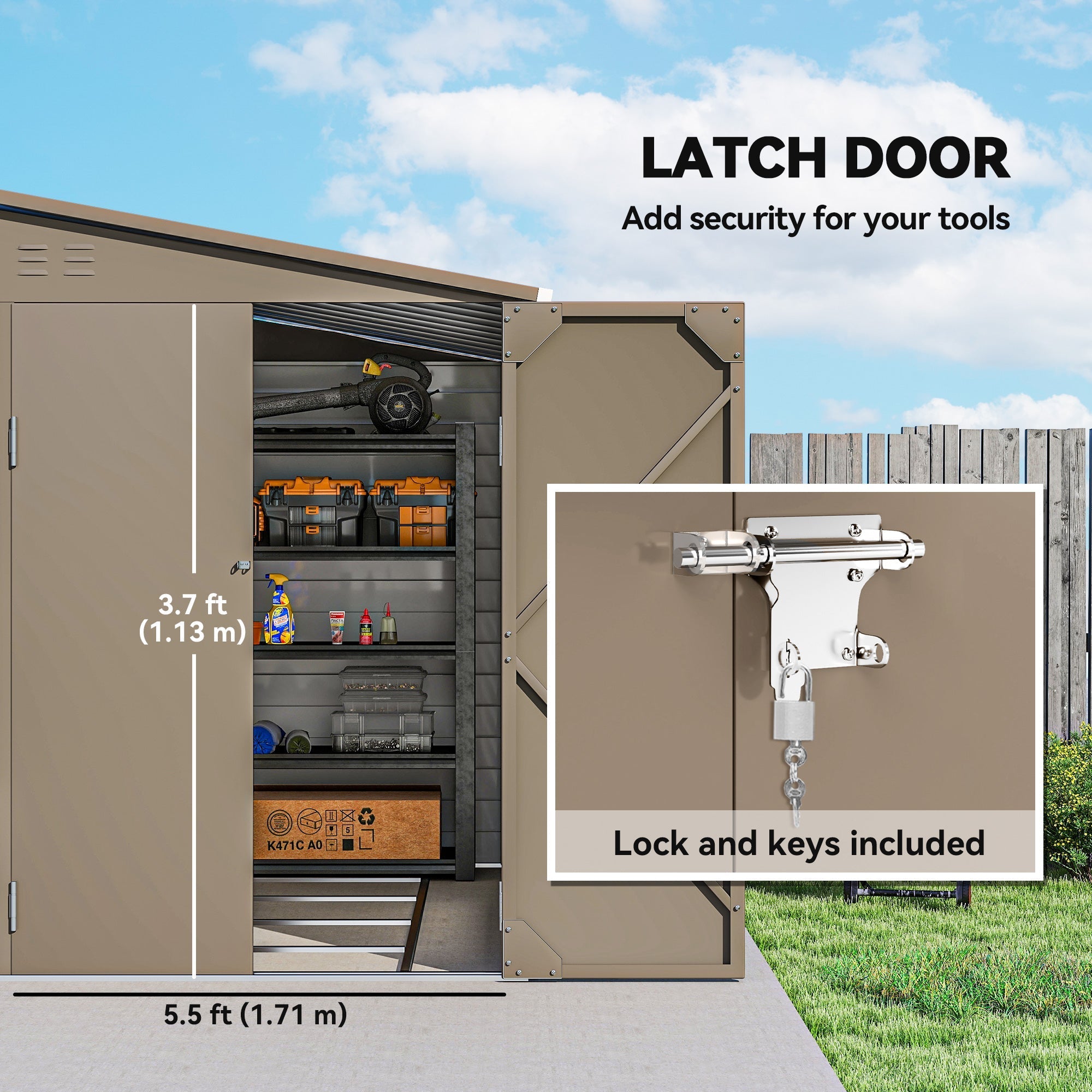 Tan metal garden shed with latch door and lock included foundation kit for secure outdoor storage