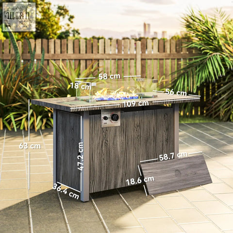 Outsunny dark grey wood grain outdoor gas fire pit table with 50000 btu burner glass top and glass beads flame feature