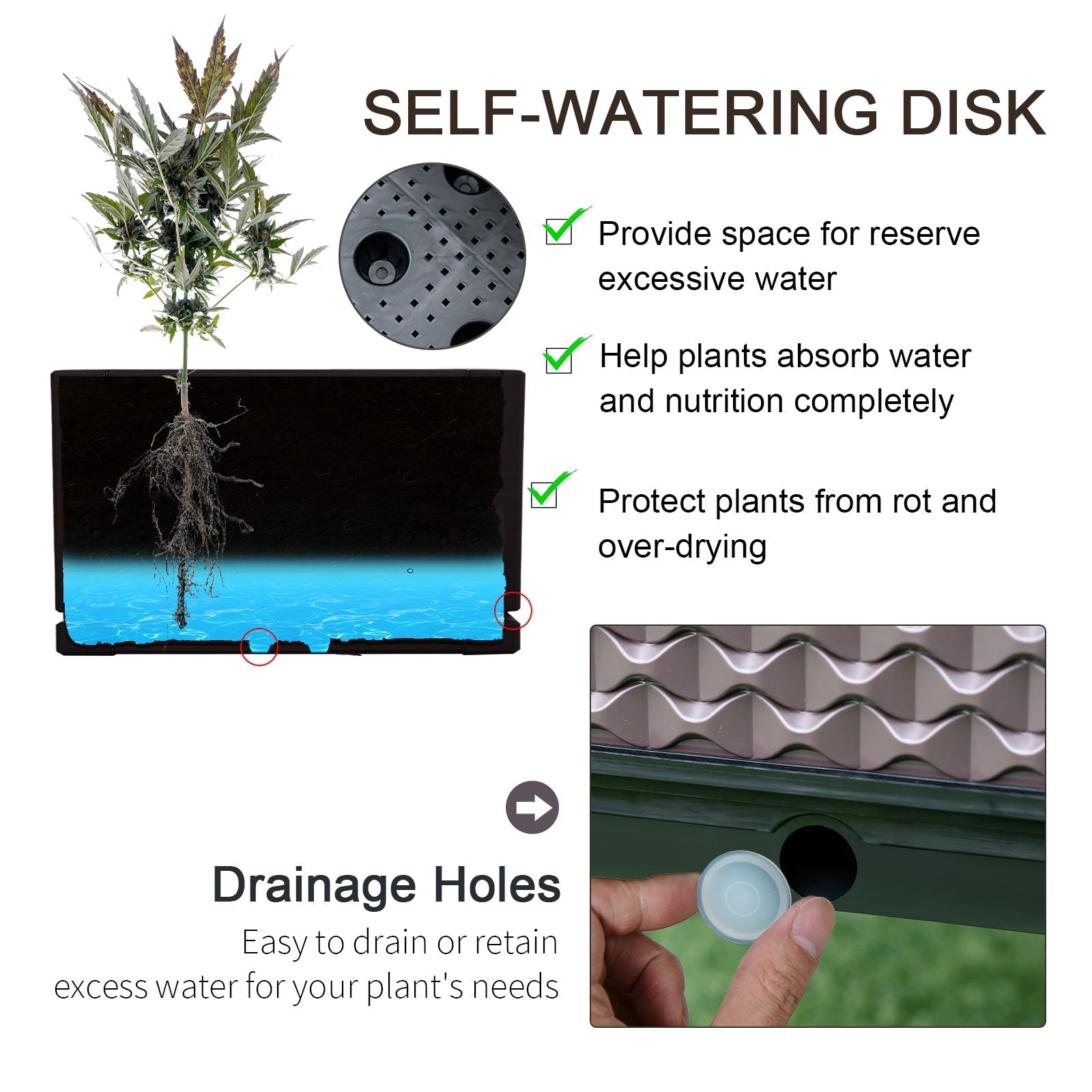 Black self-watering disk with perforated surface and drainage holes for planter box to grow plants and ensure water drainage