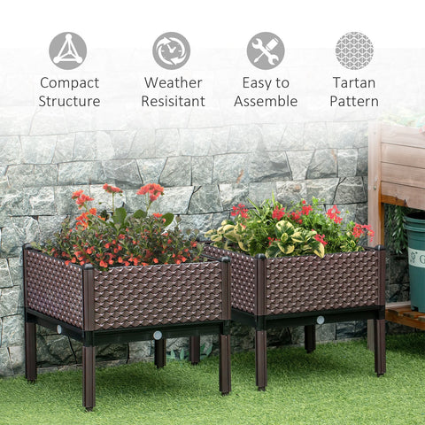 Brown woven plastic planter box with tartan pattern and black metal legs designed to grow plants with water drainage