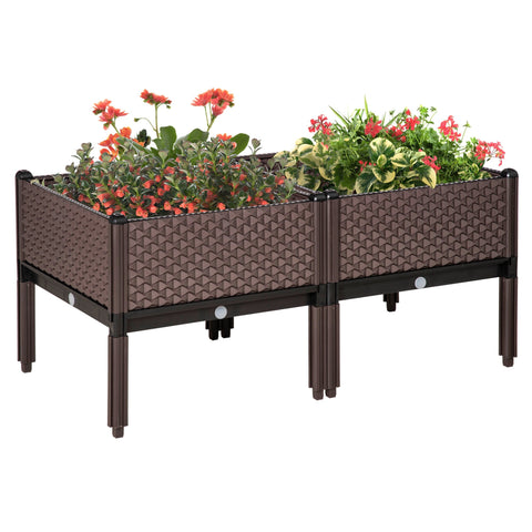 Brown woven plastic planter box with black legs and water drainage to grow plants in vibrant red flowers and foliage
