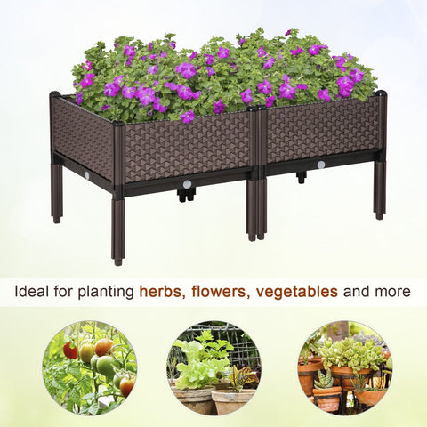 Brown woven resin planter box with purple flowers features self-watering design and drainage holes to grow plants