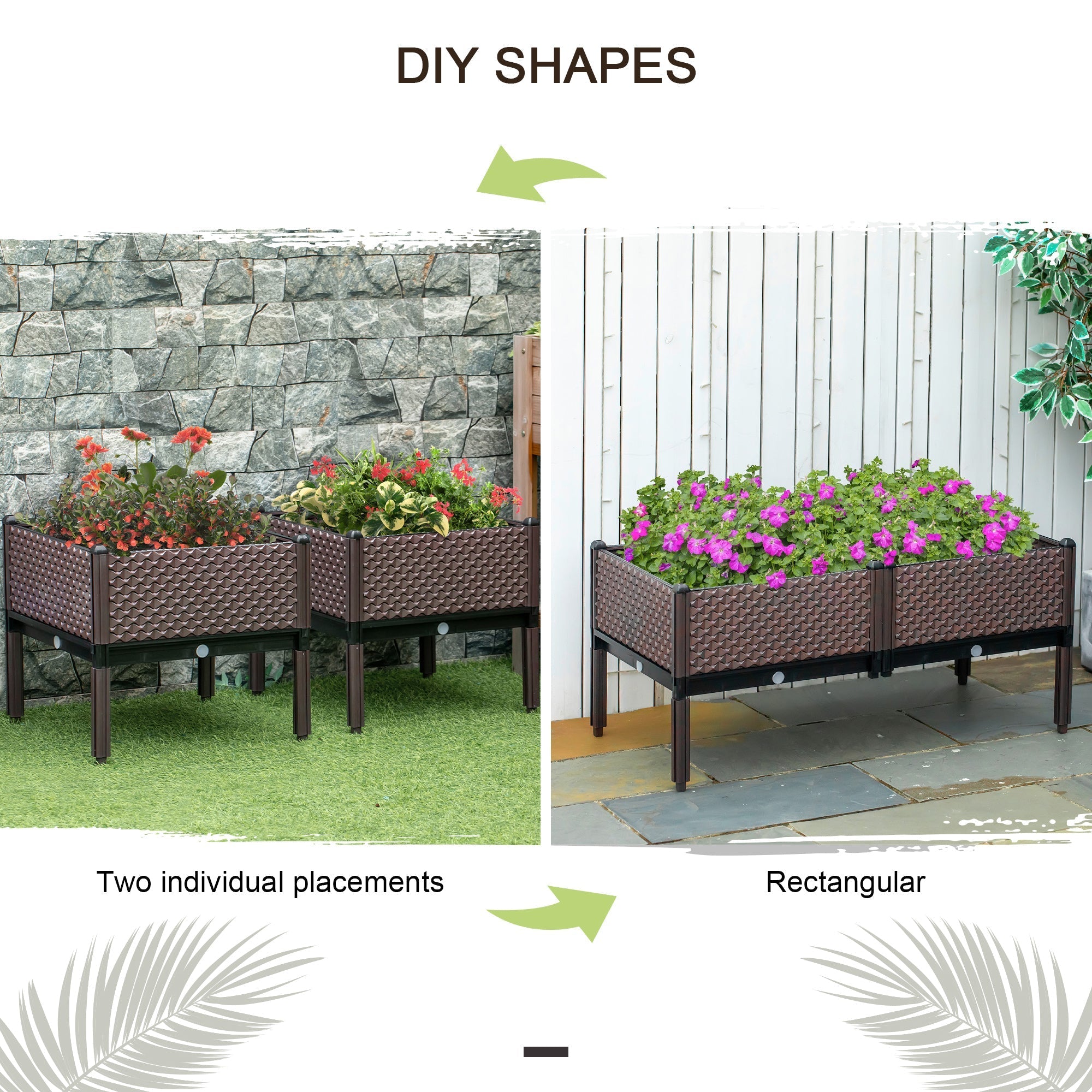 Brown woven resin planter box with black metal legs featuring drainage holes to easily grow plants outdoors