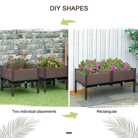Brown woven resin planter box with black metal legs featuring drainage holes to easily grow plants outdoors