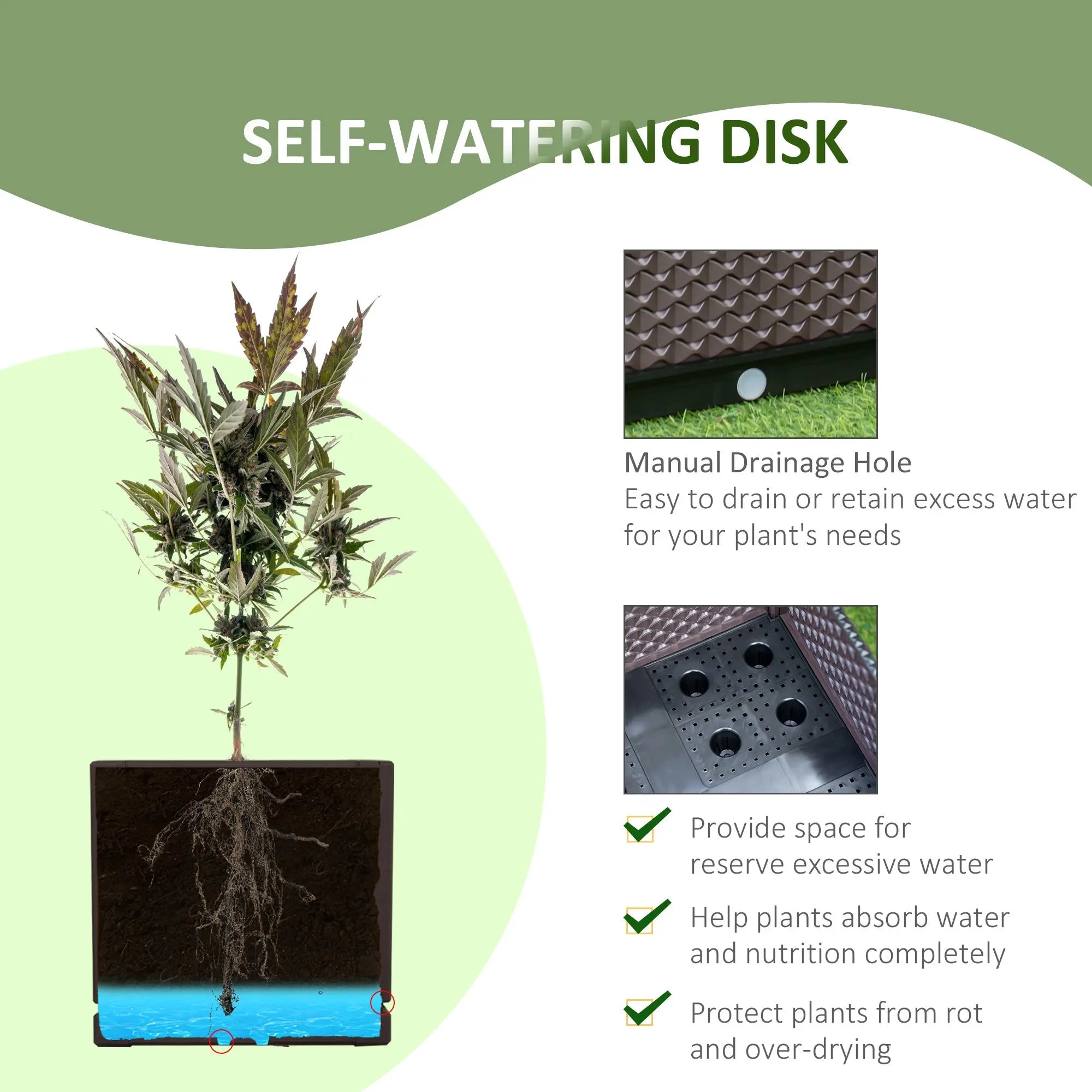 Black plastic self-watering disk with textured surface and drainage holes for outsunny 50l x 50w planter box