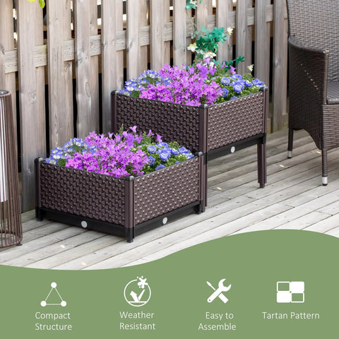 Brown woven resin planter box set with black metal legs 50l x 50w raised garden bed for patio planting