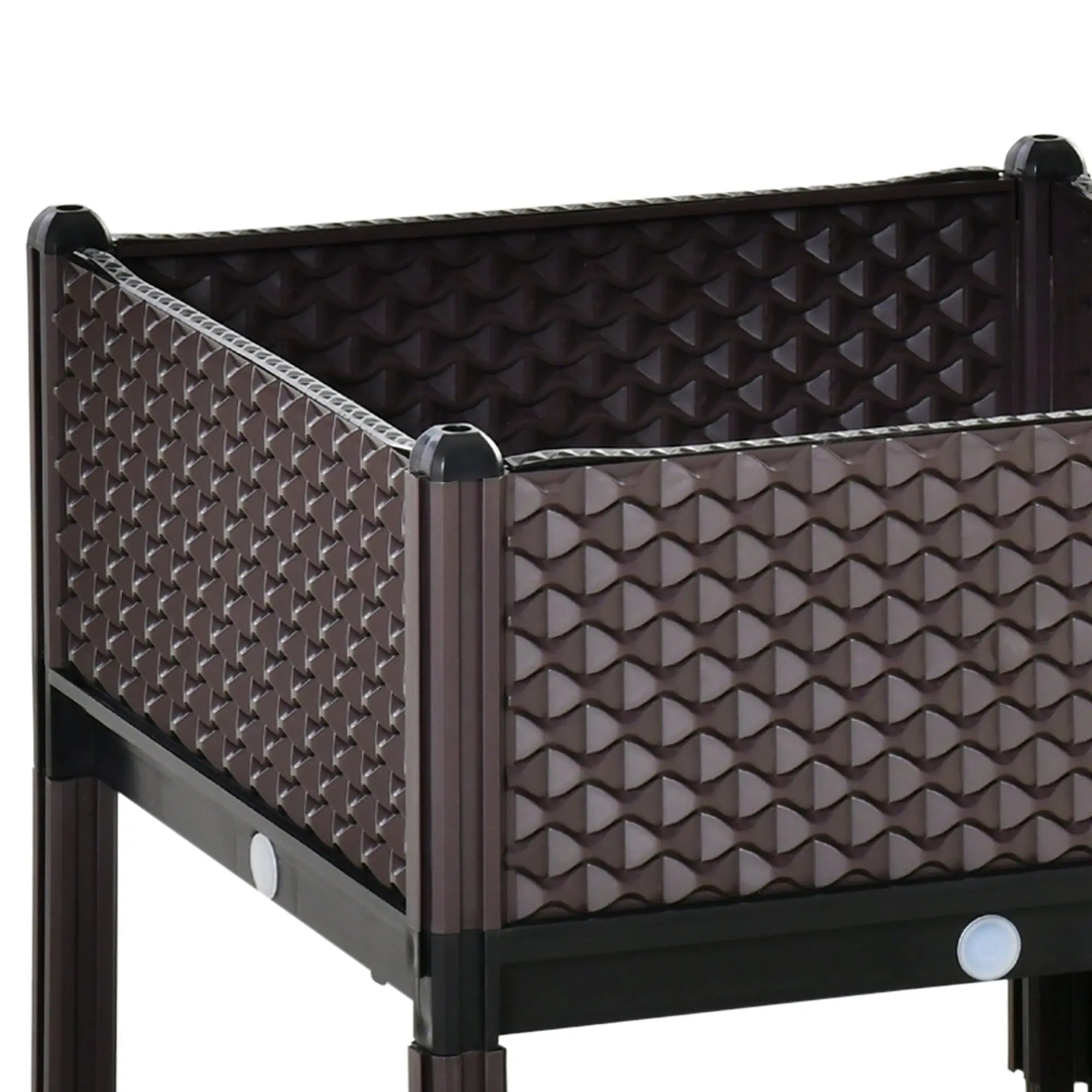 Brown woven plastic planter box 50l x 50w with black metal legs textured diamond pattern raised garden bed
