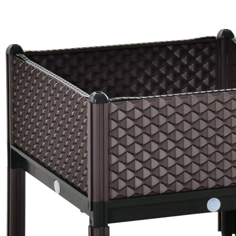 Brown woven plastic planter box 50l x 50w with black metal legs textured diamond pattern raised garden bed