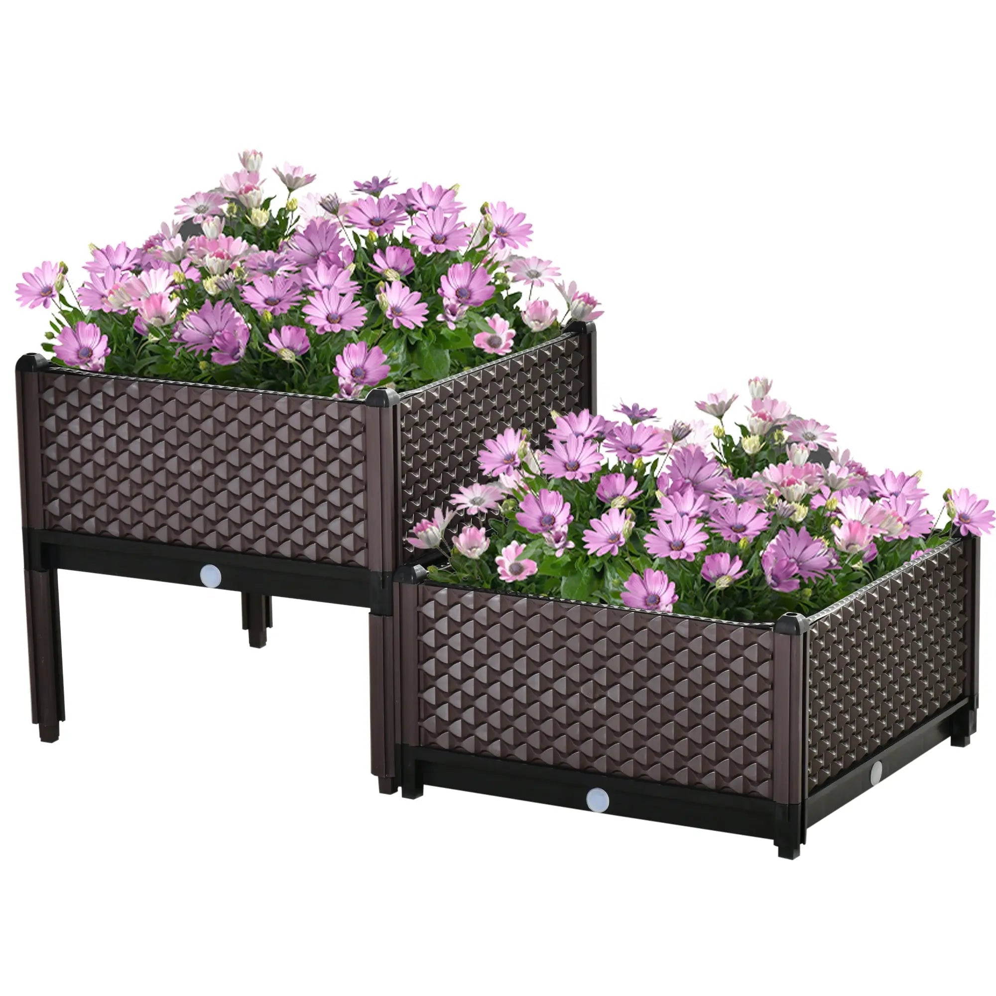 Brown woven plastic planter box set with black legs 50l x 50w dimension geometric pattern for garden use