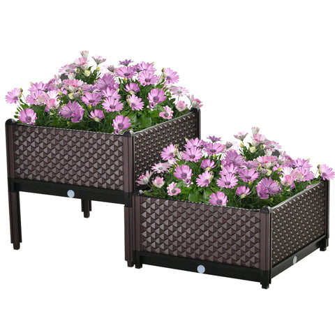 Brown woven plastic planter box set with black legs 50l x 50w dimension geometric pattern for garden use