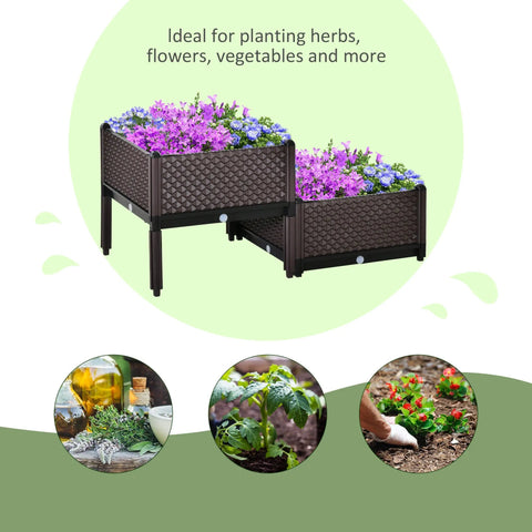 Brown woven plastic planter box 50l x 50w with self-watering design growing purple and blue flowers inside