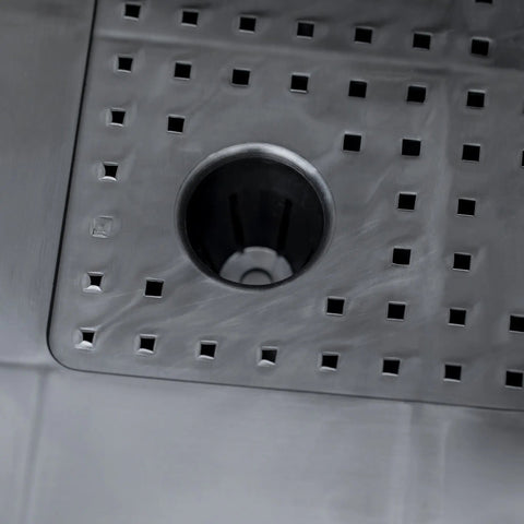 Silver metallic shower drain with square grid and center hole on the 50l x 50w outsunny planter box dimension