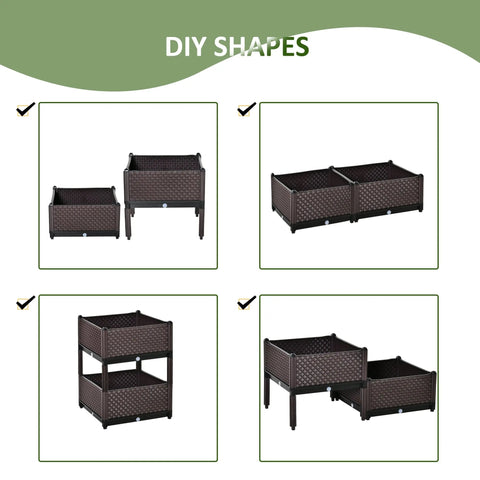 Brown woven resin planter box set 50l x 50w with textured diamond pattern and sturdy legs for raised gardening