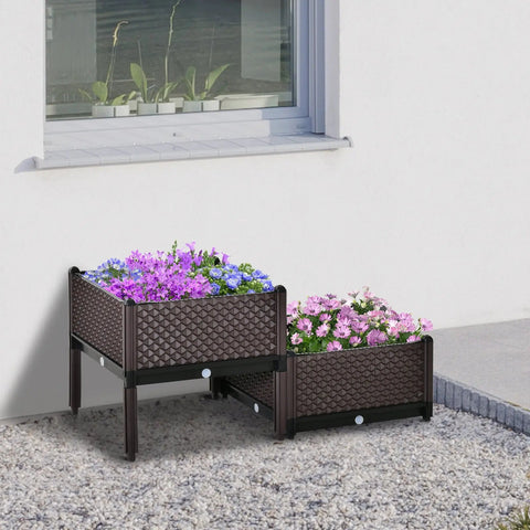 Brown woven resin planter box set of 2 50l x 50w with purple blue flowers self-watering drainage holes
