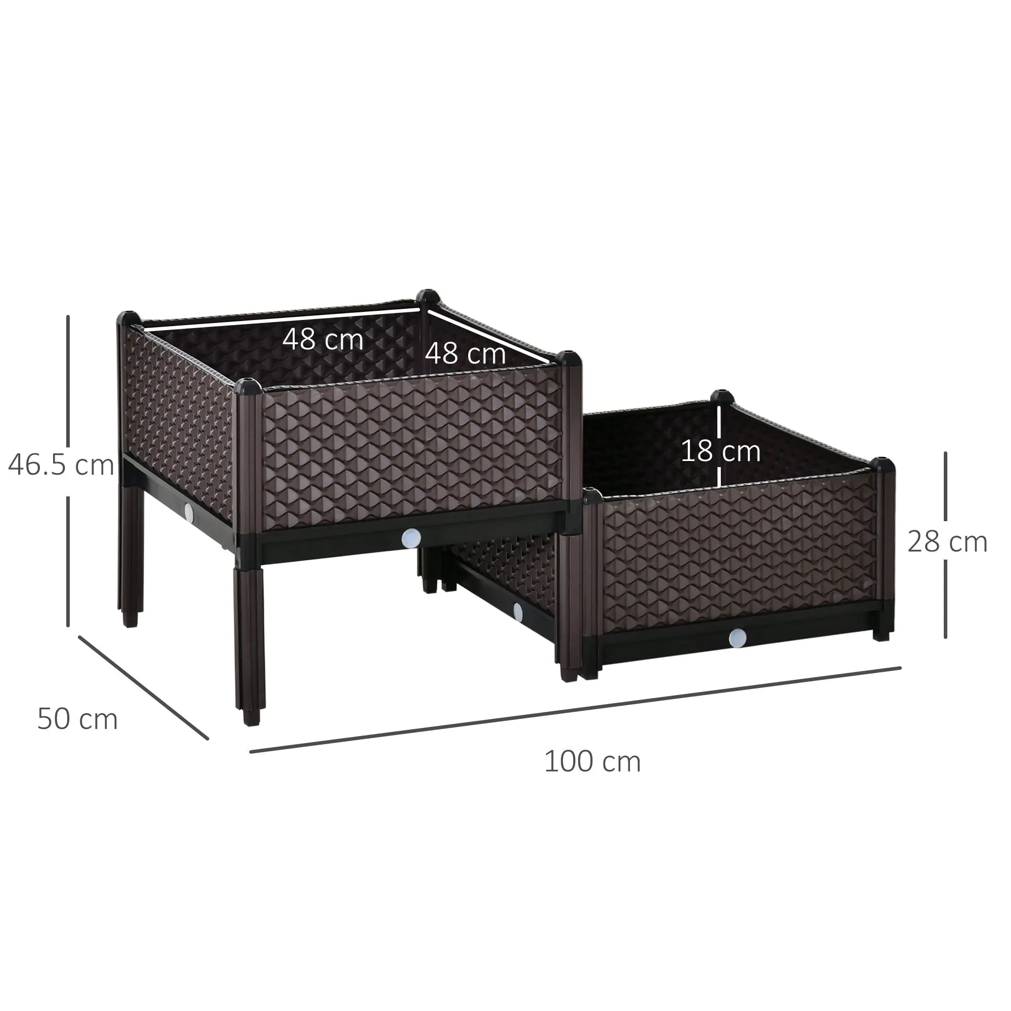 Brown woven resin planter box set with black metal legs 50l x 50w geometric self-watering design