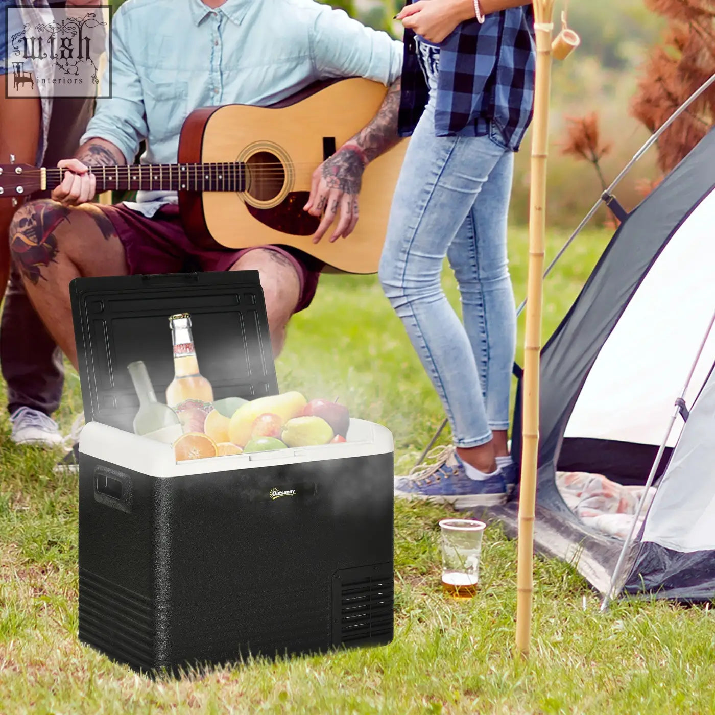 Black and white outsunny 50l portable cooler with textured exterior and power cord for ice cold camping and driving use