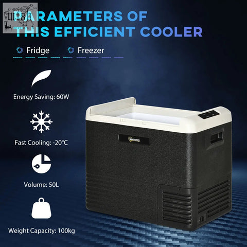 Black textured outsunny 50l portable car refrigerator with white lid digital panel and power cord for ice cold use