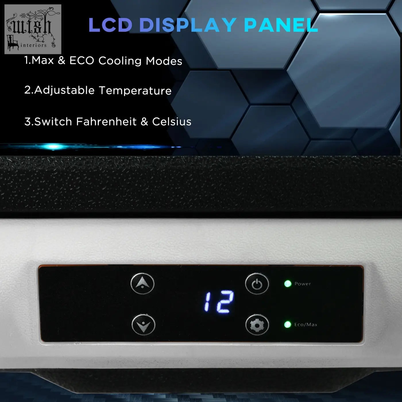 Black lcd display panel with blue readout showing 12 and power cord for outsunny 50l ice cold car refrigerator