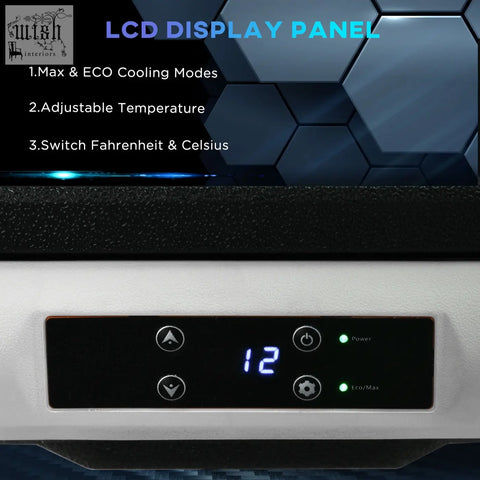 Black lcd display panel with blue readout showing 12 and power cord for outsunny 50l ice cold car refrigerator