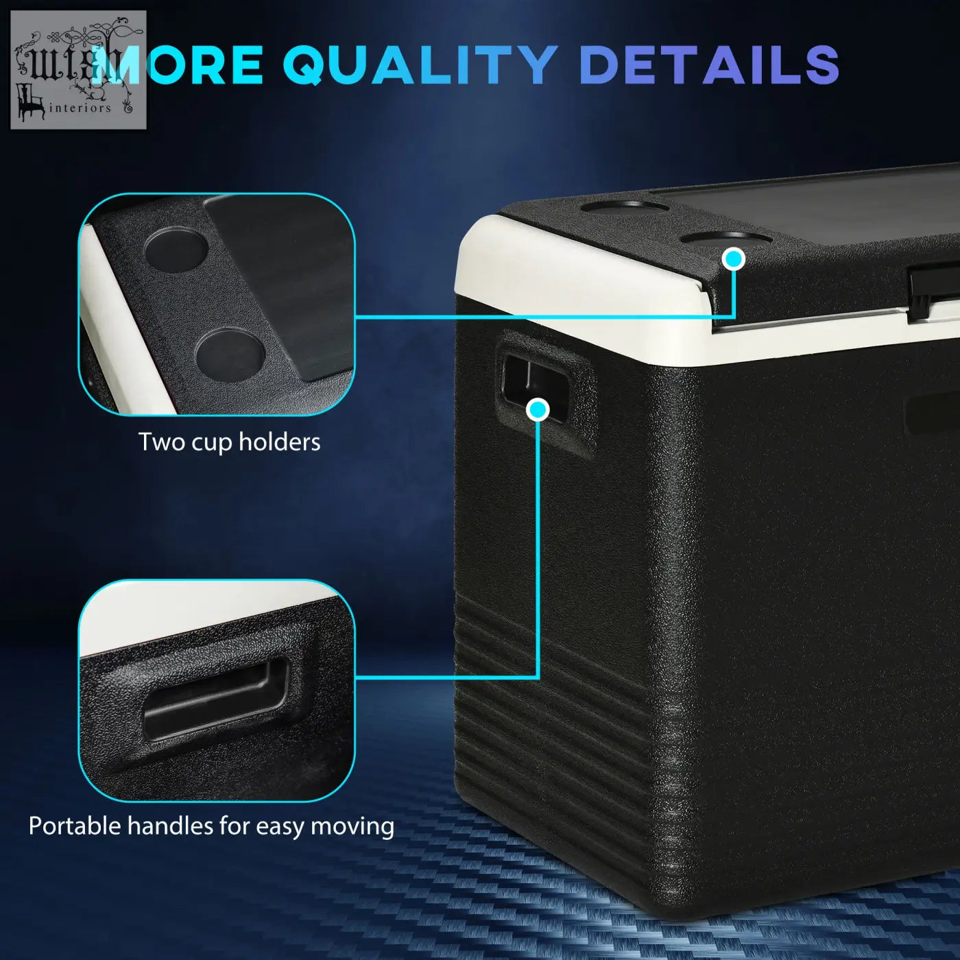 Outsunny 50l black and white portable car refrigerator with textured exterior power cord and cup holders keeps items ice cold