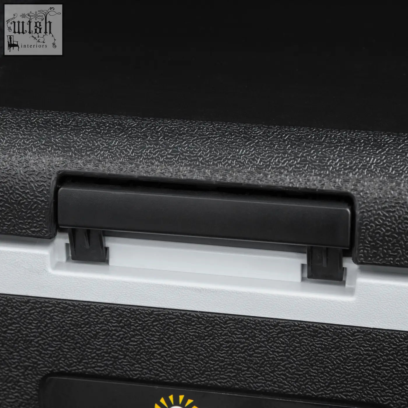 Black textured plastic lid with white trim and sleek rectangular handle for outsunny 50l car refrigerator with power cord