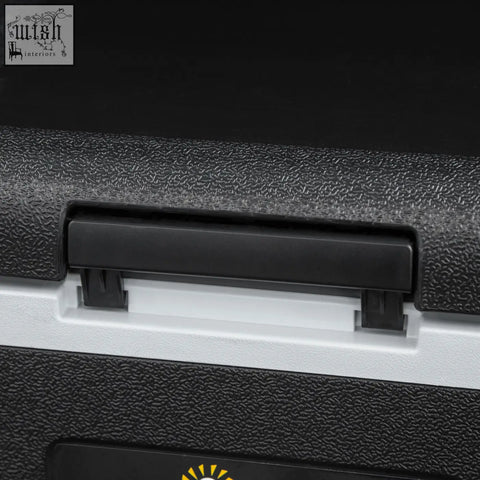 Black textured plastic lid with white trim and sleek rectangular handle for outsunny 50l car refrigerator with power cord