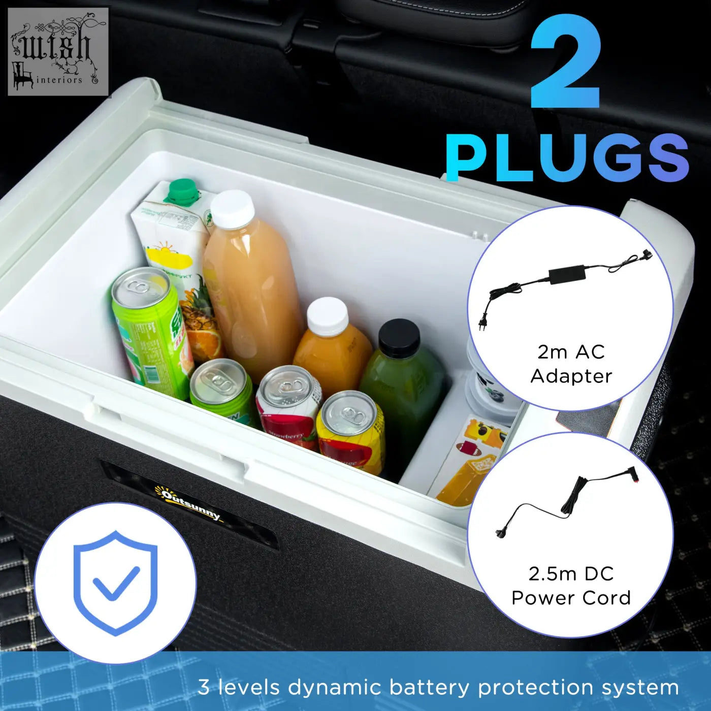 Black and white portable outsunny 50l car refrigerator with power cord for ice cold storage on camping and driving trips
