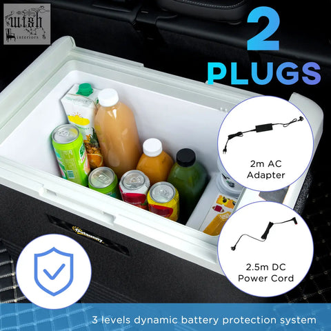 Black and white portable outsunny 50l car refrigerator with power cord for ice cold storage on camping and driving trips
